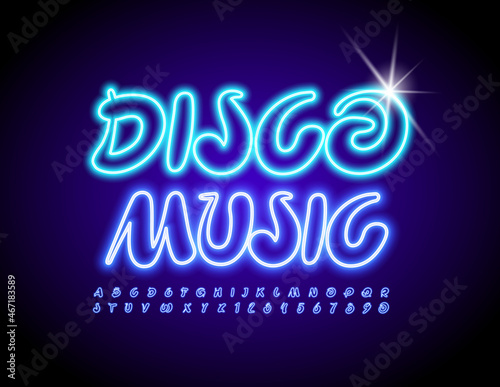 Vector artistic poster Disco Music. Neon purple Font. Creative electric Alphabet Letters and Numbers set