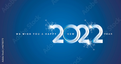 We wish You Happy New Year 2022 silver glass modern design numbers sparkle firework blue color greeting card