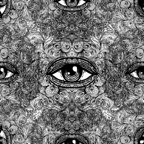 All seeing eye seamless pattern. Hand drawn vintage style background. Alchemy, spirituality, occultism, textiles art. Isolated vector illustration. Conspiracy theory.