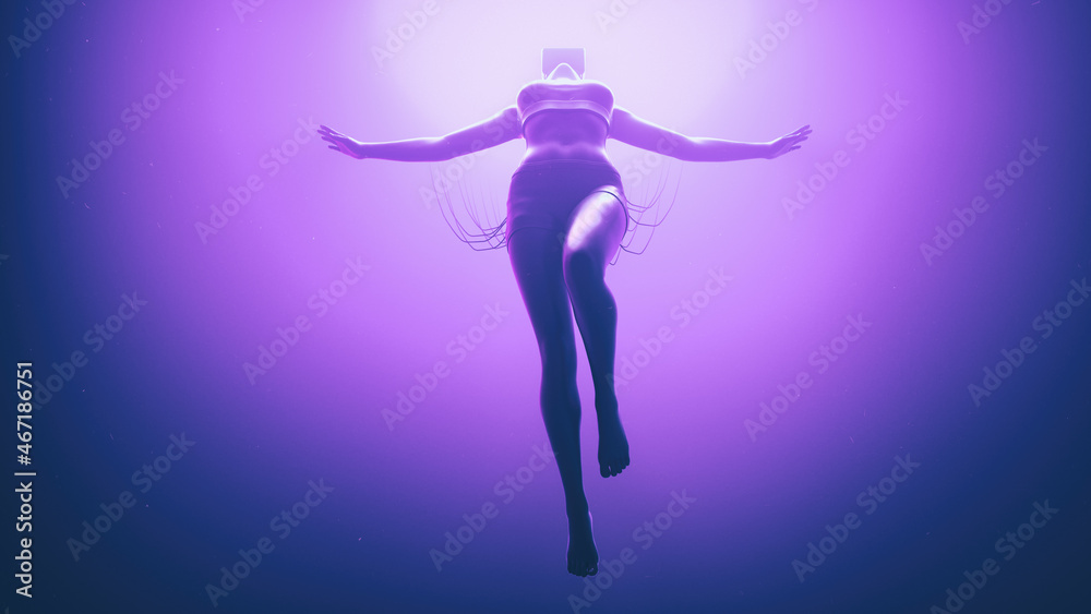 Woman in VR glasses float in neon space with cables attached to her. Metaverse avatar concept. Ultraviolet cyberpunk illustration. 3d render illustration