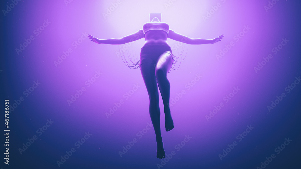 Woman in VR glasses float in neon space with cables attached to her. Metaverse avatar concept. Ultraviolet cyberpunk illustration. 3d render illustration Woman in VR glasses float in neon space with cables attached to her. Metaverse avatar concept. Ultraviolet cyberpunk illustration. 3d render illustration