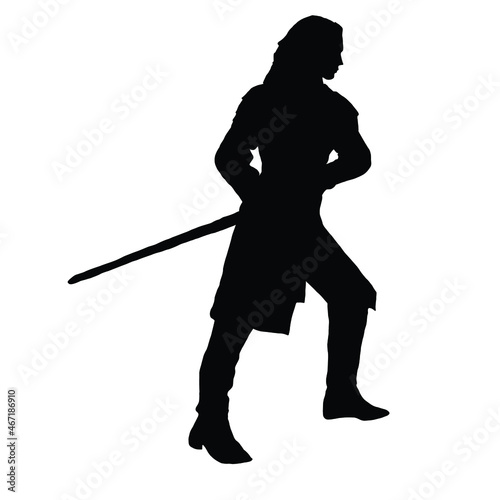 vector drawing of a black silhouette on a white background of a beautiful girl with long hair. she has a big sharp sword in her hand. she is wearing iron armor and boots.2d art