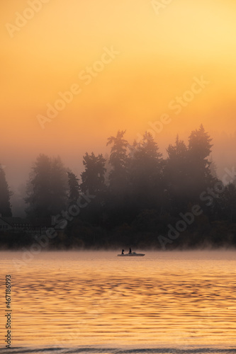 A golden color falls across Lake Washington as the morning sun rises, creating silhouettes of the trees in the background © Harrison