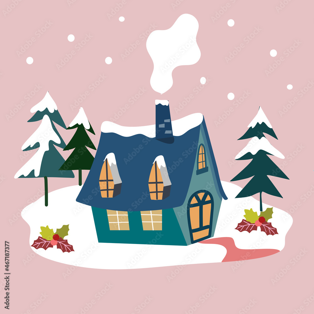 Christmas and Happy New Year card.Trendy retro style with the cottage in snow landscape. hand drawn cartoon Vector design element.