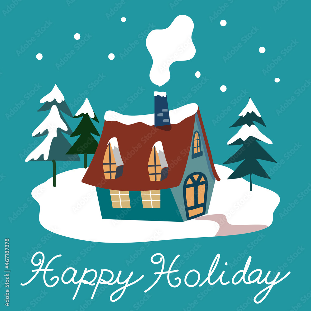Christmas and Happy New Year card.Trendy retro style with the cottage in snow landscape. hand drawn cartoon Vector design element.