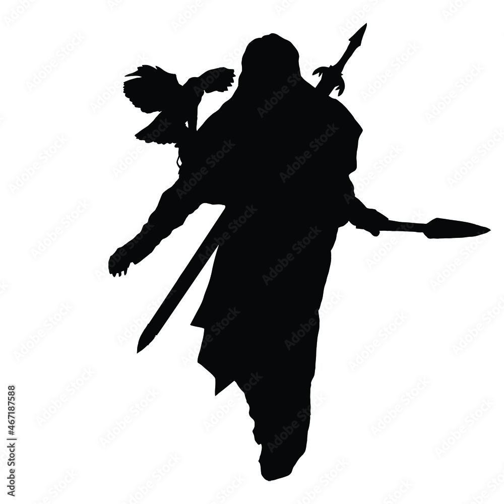 vector drawing of a black silhouette on a white background of a beautiful girl with long hair with a bird. she has a spear in her hand behind her back . she's wearing a long dress and boots. 2d art
