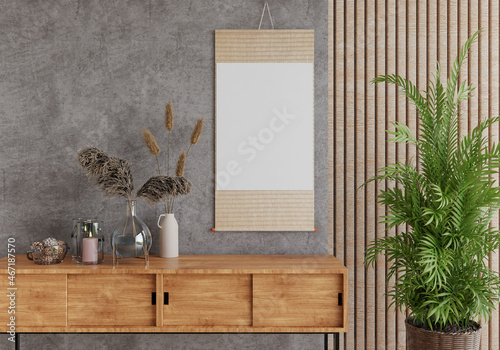3D mockup photo frame with houseplant in living room rendering