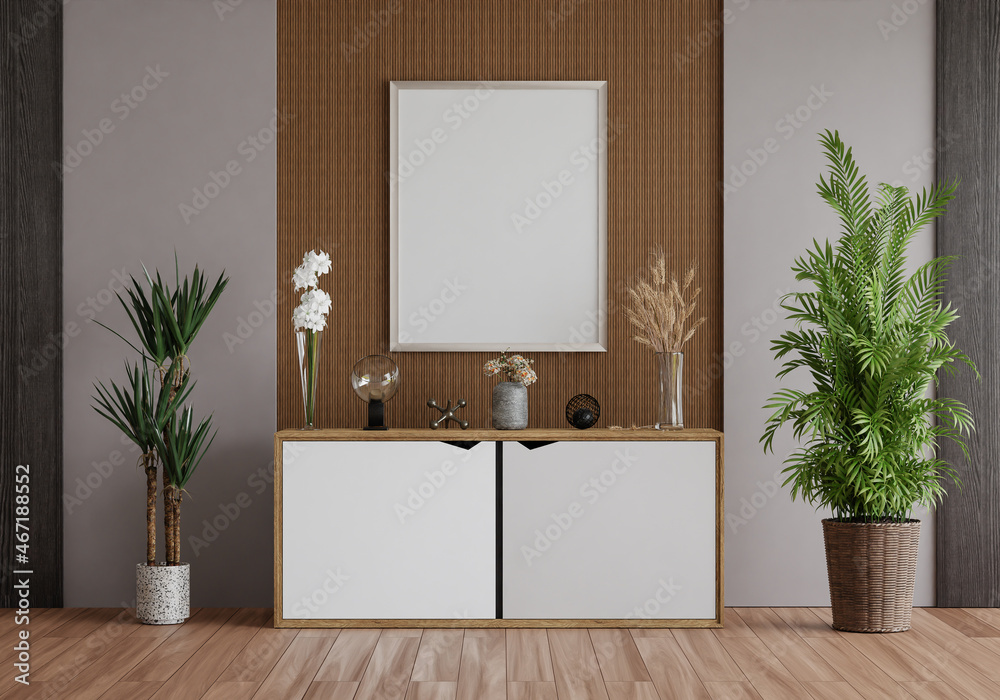 3D mockup photo frame with houseplant in living room rendering 3D mockup photo frame with houseplant in living room rendering