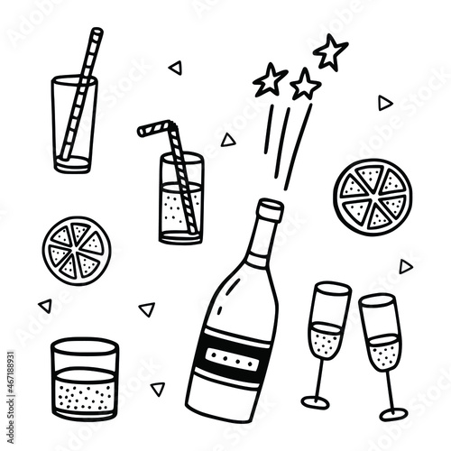 Champagne bottle doodle. Party drinks in naive outline style. Hand-drawn vector images.