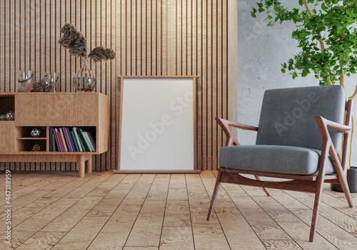 Fototapeta Naklejka Na Ścianę i Meble -  3D mockup photo frame with houseplant in living room rendering