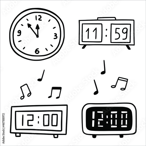 Clock and alarm clocks doodle. Drawings in the style of naive sketches. Hand-drawn black and white vector images.