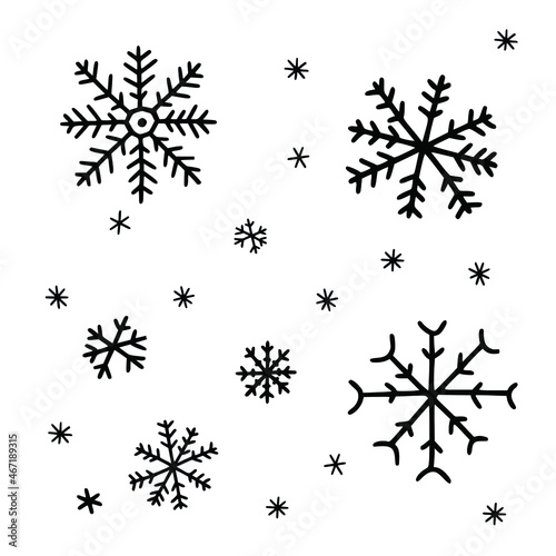Snowflakes set of doodle. Winter elements in naive illustration style.
Hand drawn vector picture isolated on white.
