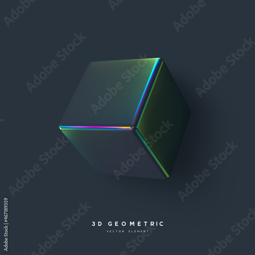 3d render primitive. Realistic 3d cube. Glossy holographic geometric shape isolated on dark background. Iridescent trendy design, thin film effect. Vector.