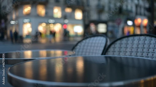 Cafe Tables on a Night Street of Paris Latin Quarter, autumn Rain 2021