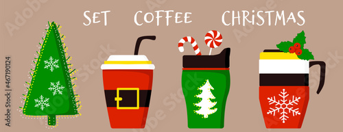Christmas coffee. Set of  hot chocolate mug, hot cocoa cup. Vector illustration isolated, celebratory seasonal  concept.
