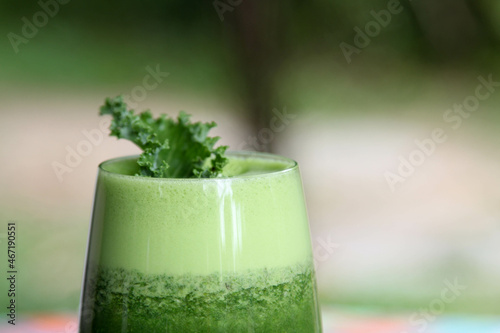 The vegetable green smoothie decorated by kale leaves in a clear glass.