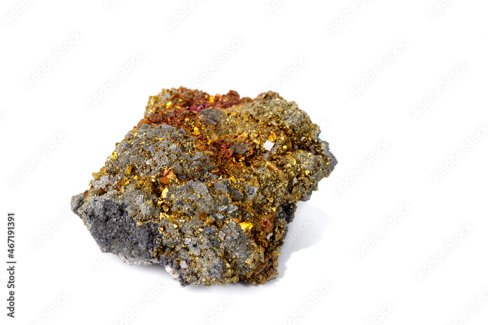 Macro mineral stone Chalcopyrite on a white background Macro mineral stone Chalcopyrite on a white background
