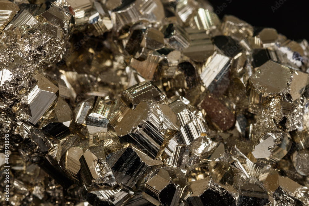 Macro mineral pyrite stone black background Macro mineral pyrite stone black background