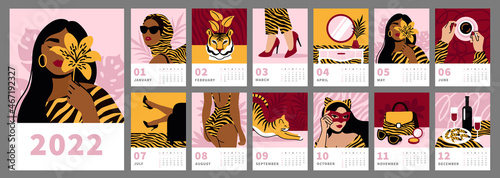 2022 calendar design. Vertical page template A4, A3. Trendy hand drawn vector fashion illustration. Set of 12 months. Chinese year of the tiger. Week starts on Sunday