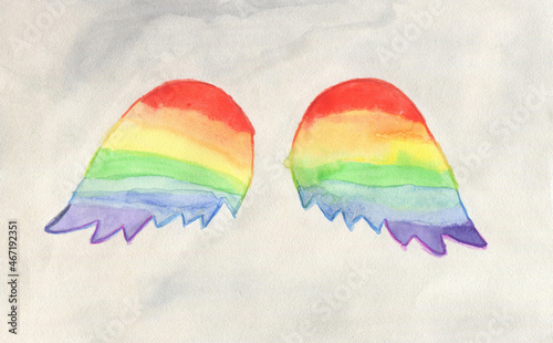 Rainbow angel wings on grey background. Watercolor handmade illustration. Suitable for postcard, banner, vintage, design, poster, web site. photo