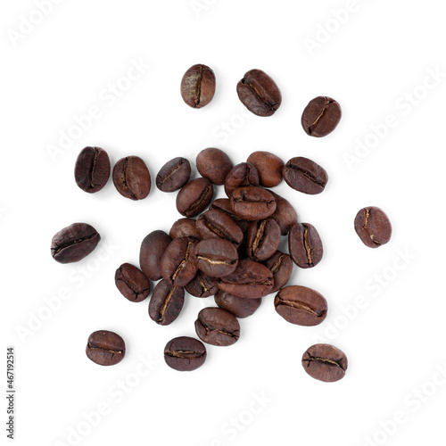 Roasted coffee beans on white background, top view