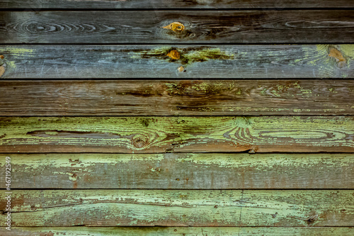 A wooden wall with an aged surface. Vintage wall and floor made of darkened wood, realistic plank texture. Empty room interior background.