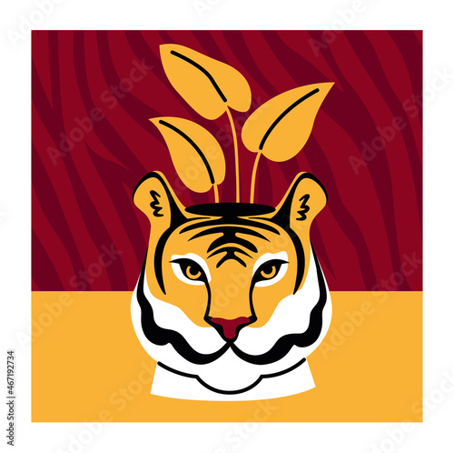 Tiger head flower plant pot. Wild animal. Symbol of chinese new year. Hand drawn vector flat illustration