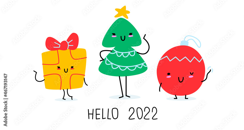 New Year's card with the inscription hello 2022. Christmas objects wave their hands and smile sweetly: a Christmas tree, a gift and a ball. Simple minimalistic trend graphics. New Year's card with the inscription hello 2022. Christmas objects wave their hands and smile sweetly: a Christmas tree, a gift and a ball. Simple minimalistic trend graphics.