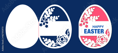 Laser cutting template. Easter Egg Card with floral pattern. Happy Easter greeting card. Silhouette vector illustration isolated on dark blue background. Stencil design.