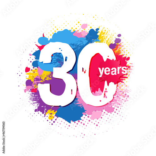 30th anniversary numbers. 30 years old or 30% off logotype concept. Isolated abstract graphic design template. Creative bright bg, 3 and 0 digits. Brushing splash, chalk stroke and ink spots backdrop.