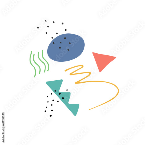 Bright and bold vector illustration in abstract style. A set of several minimalistic curved geometric shapes and contours in a pleasant color palette on a contrasting white background