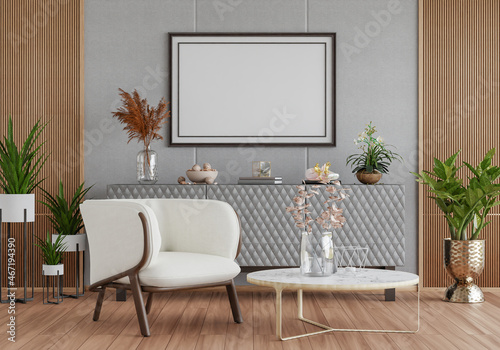 3D mockup photo frame with houseplant in living room rendering