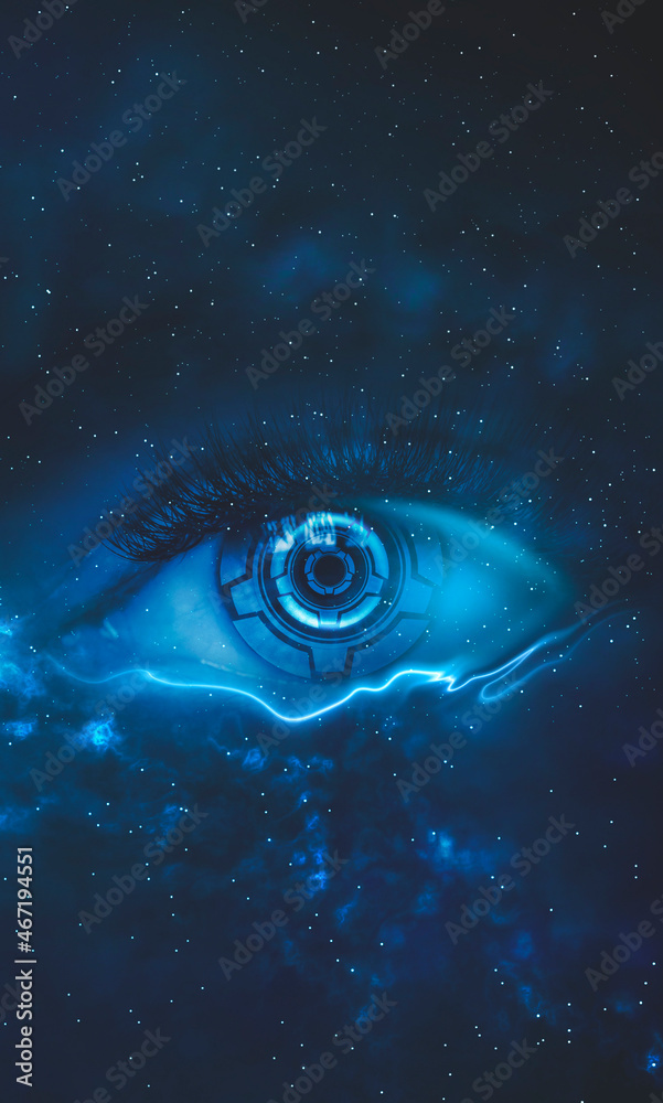 Abstract night fantasy space background, female eye in space, dark fantasy scene, unreal world, space, galaxy. Reflection of neon light, water, space depths Sci-fi background. Abstract night fantasy space background, female eye in space, dark fantasy scene, unreal world, space, galaxy. Reflection of neon light, water, space depths Sci-fi background.