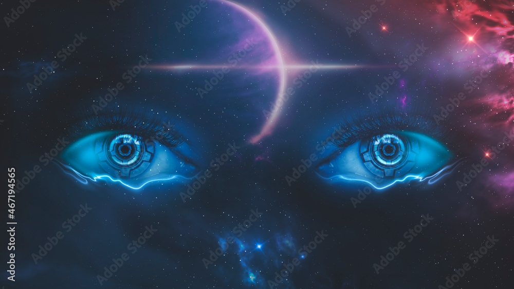 Abstract night fantasy space background, female eye in space, dark fantasy scene, unreal world, space, galaxy. Reflection of neon light, water, space depths Sci-fi background. 