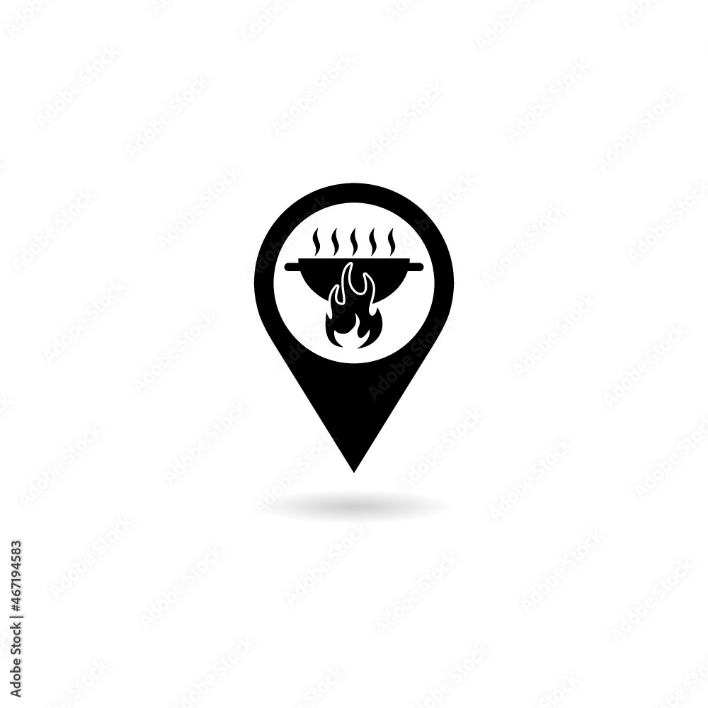 Map pointer with barbecue icon with shadow isolated on white background Map pointer with barbecue icon with shadow isolated on white background