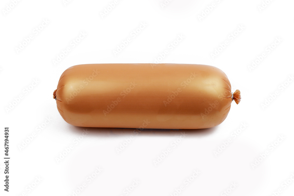 boiled sausage in an artificial shell, isolated on a white background boiled sausage in an artificial shell, isolated on a white background