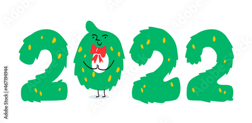 The inscription of the numbers 2022. Lined with green Christmas trees. In the center is a Christmas wreath. A cute character with a bow tie is smiling. Emotional postcard  banner  poster.