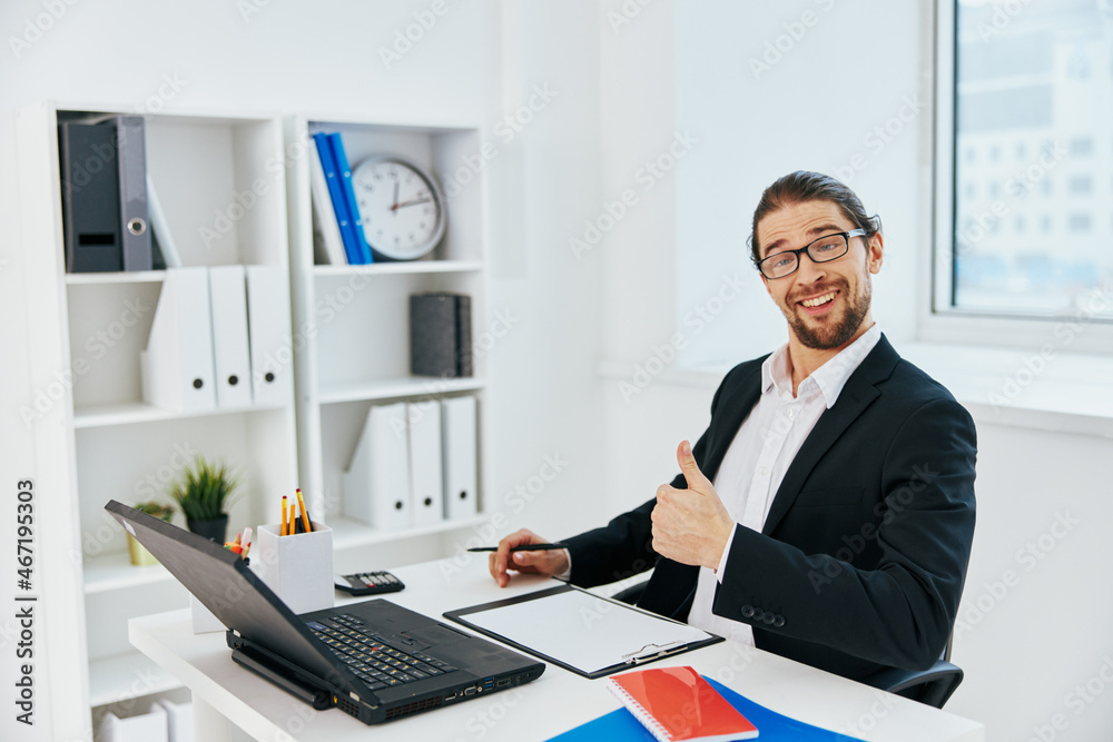 Man work emotions in front of laptop boss Man work emotions in front of laptop boss