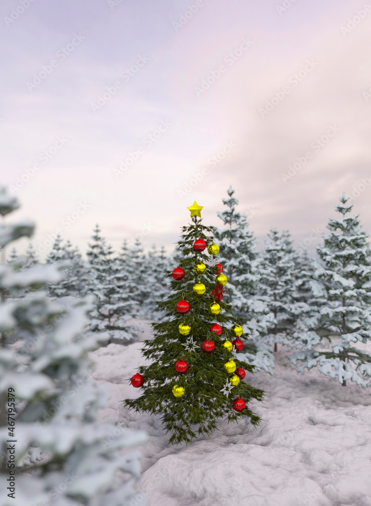 Single decorated Christmas tree in a snowy pine forest at sunrise 3d render