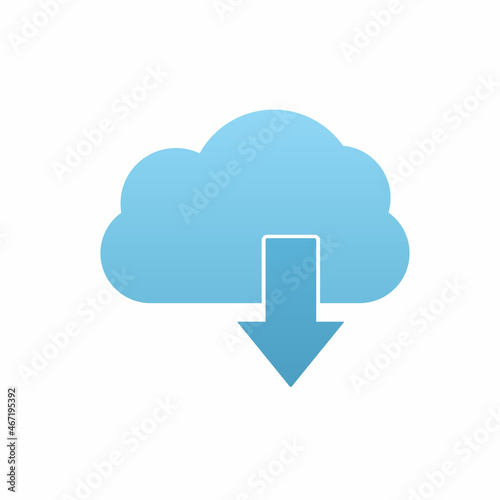 Blue Download icon looks like a cloud with an arrow pointing down. Vector illustration.