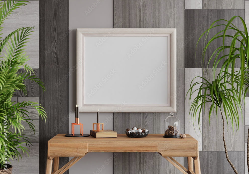 3D mockup photo frame with houseplant in living room rendering 3D mockup photo frame with houseplant in living room rendering