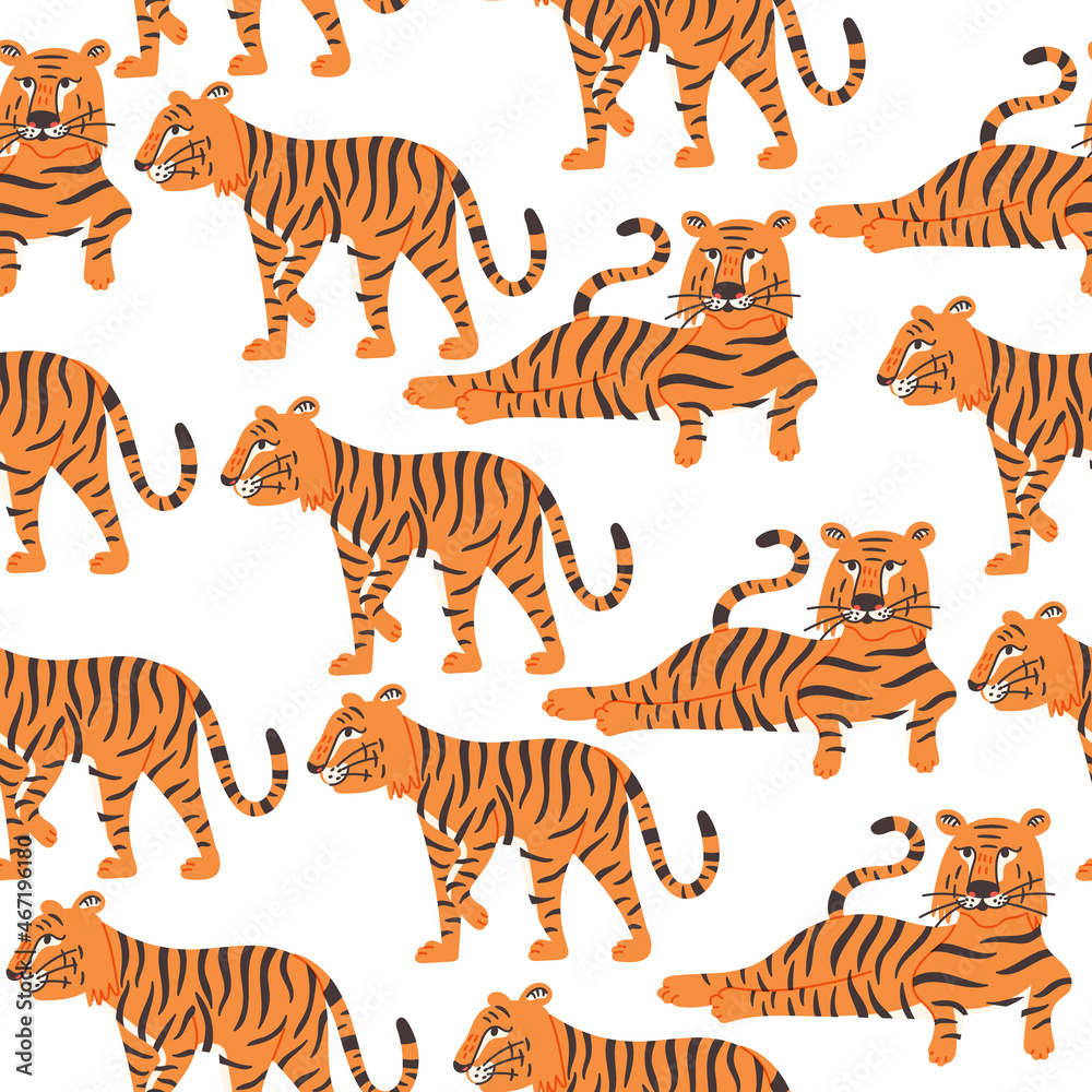 Naklejka premium Seamless pattern striped tigers on white background. Wild Cat predator orange and black vector modern flat style background