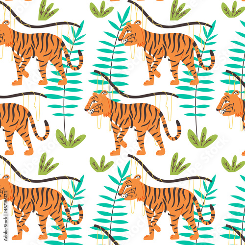 Seamless pattern of a crouching tiger in the jungle. Wild Cat predator orange and black vector modern flat style background