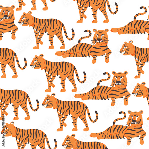 Fototapeta Naklejka Na Ścianę i Meble -  Seamless pattern striped tigers on white background. Wild Cat predator orange and black vector modern flat style background