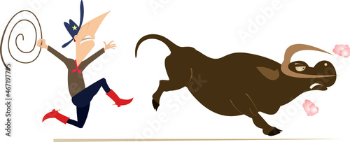 Bull runs away from the rider illustration. 
Funny famer or cowboy tries to lasso the bull isolated on white background
