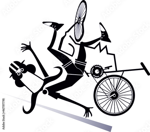 Cyclist falling down from the bicycle isolated illustration. Cartoon long mustache man falling down from the bicycle black on white background