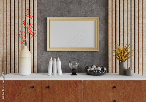 3D mockup photo frame with houseplant in living room rendering