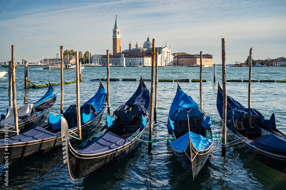 Gondolas in Venice on a sunny day in autumn