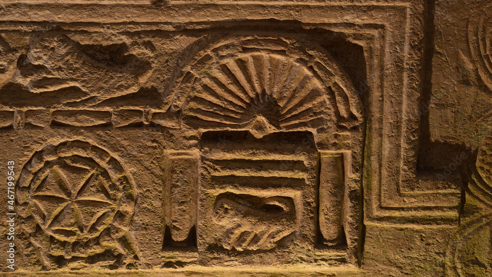 Naklejka premium Sarcophagus with Ark of the Covenant carved relief in the Cave of the coffins at Bet She'arim in Kiryat Tivon, Israel catacombs with sarcophagi 