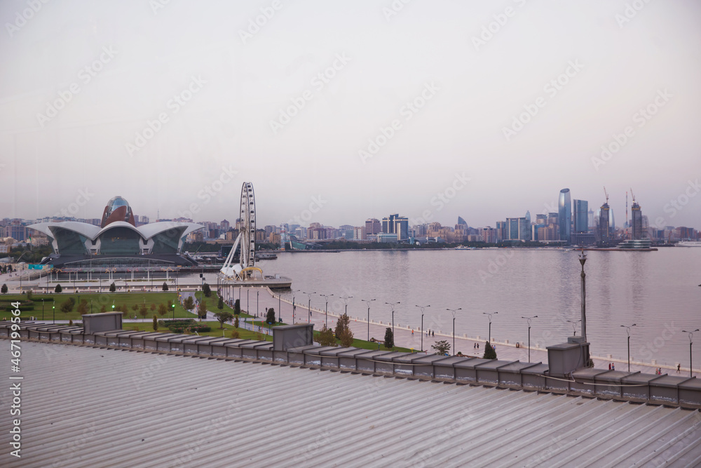 Fototapeta premium Panoramic sunny summer view of Baku, capital city of Azerbaijan. Panorama Baku from The Caspian Sea